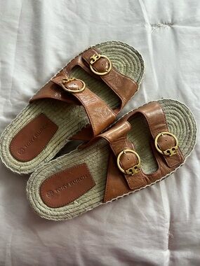 Tory Burch Brown Leather Double-Buckle Espadrille Slide Sandals